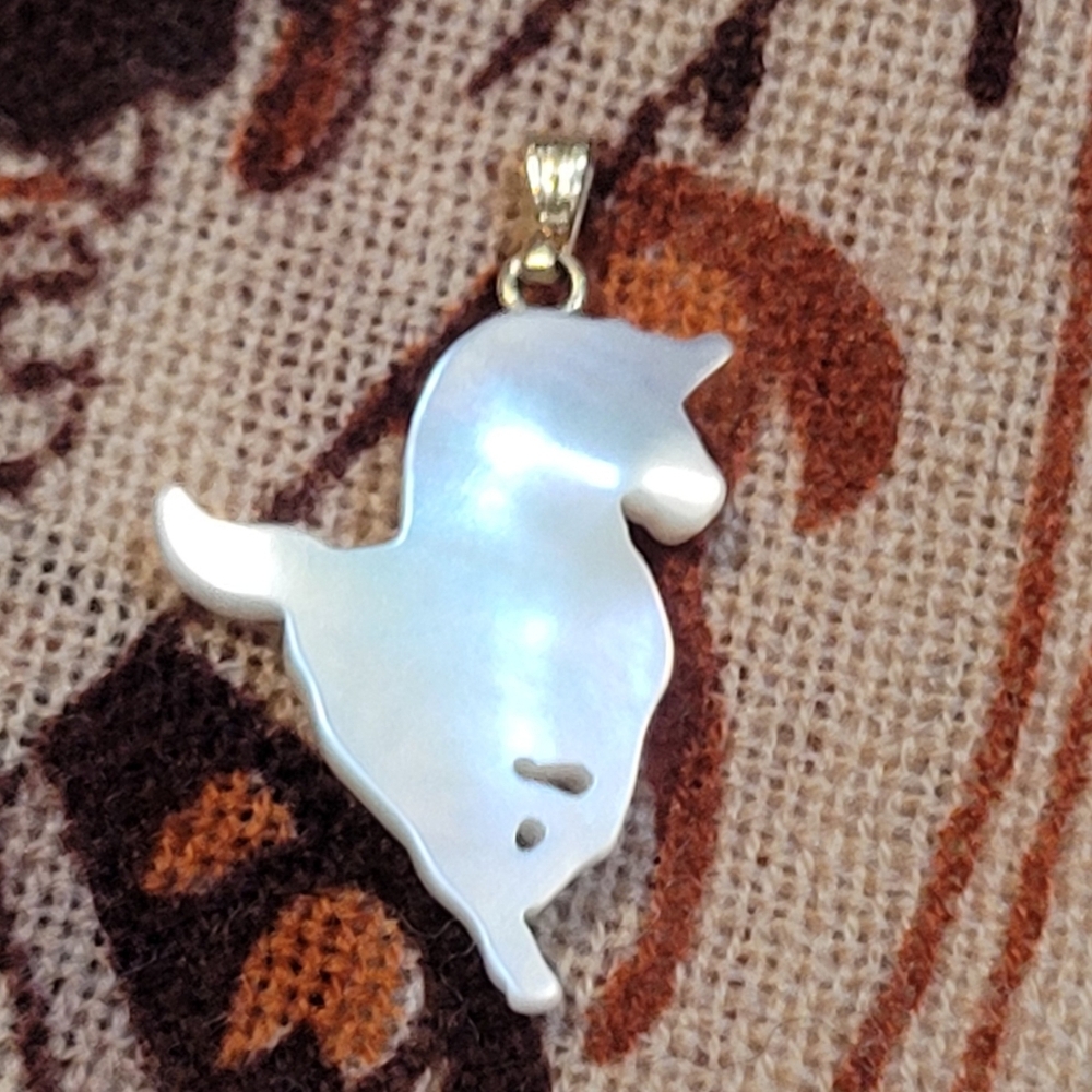 Vintage Carved Mother of Pearl Unicorn Pendant With 14k Gold Bail - Picture 2 of 6
